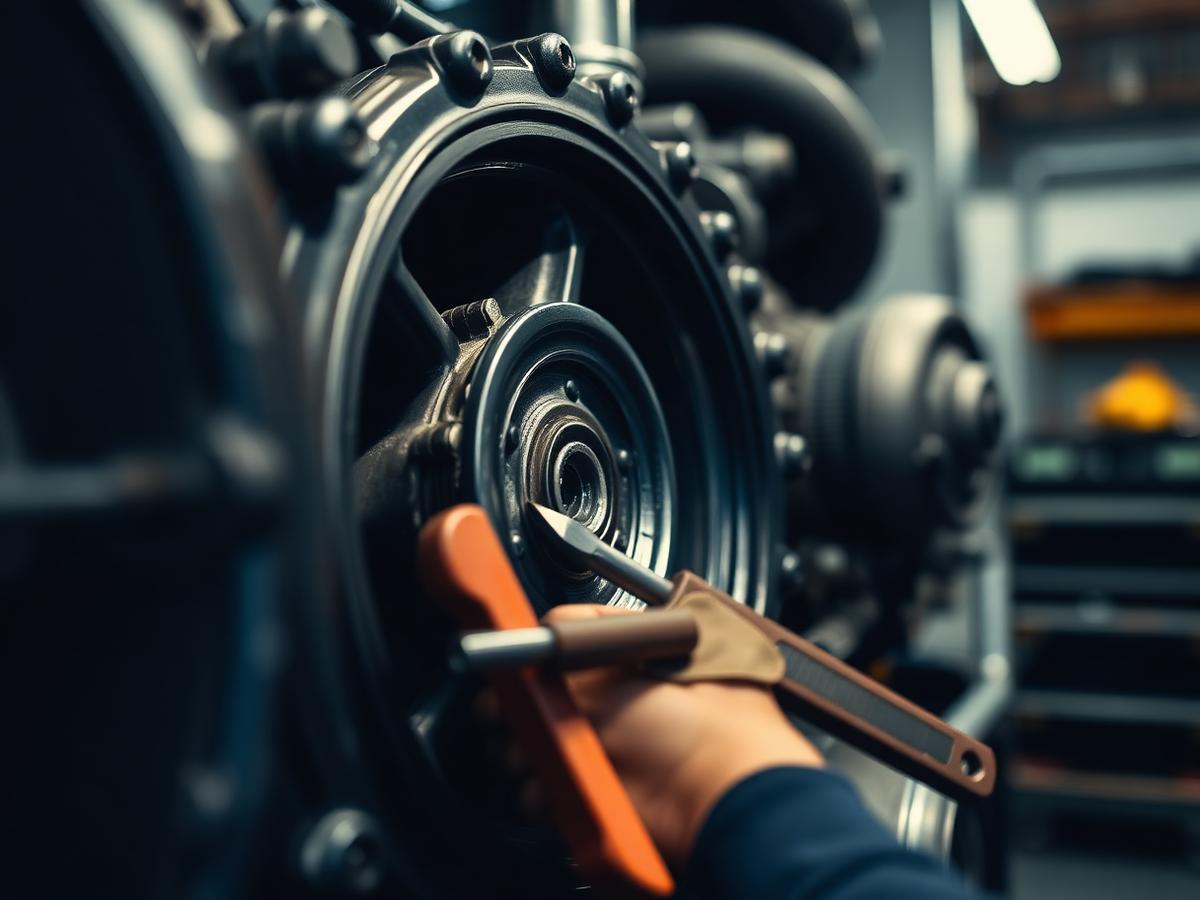 Technician servicing diesel engine components with hand tools