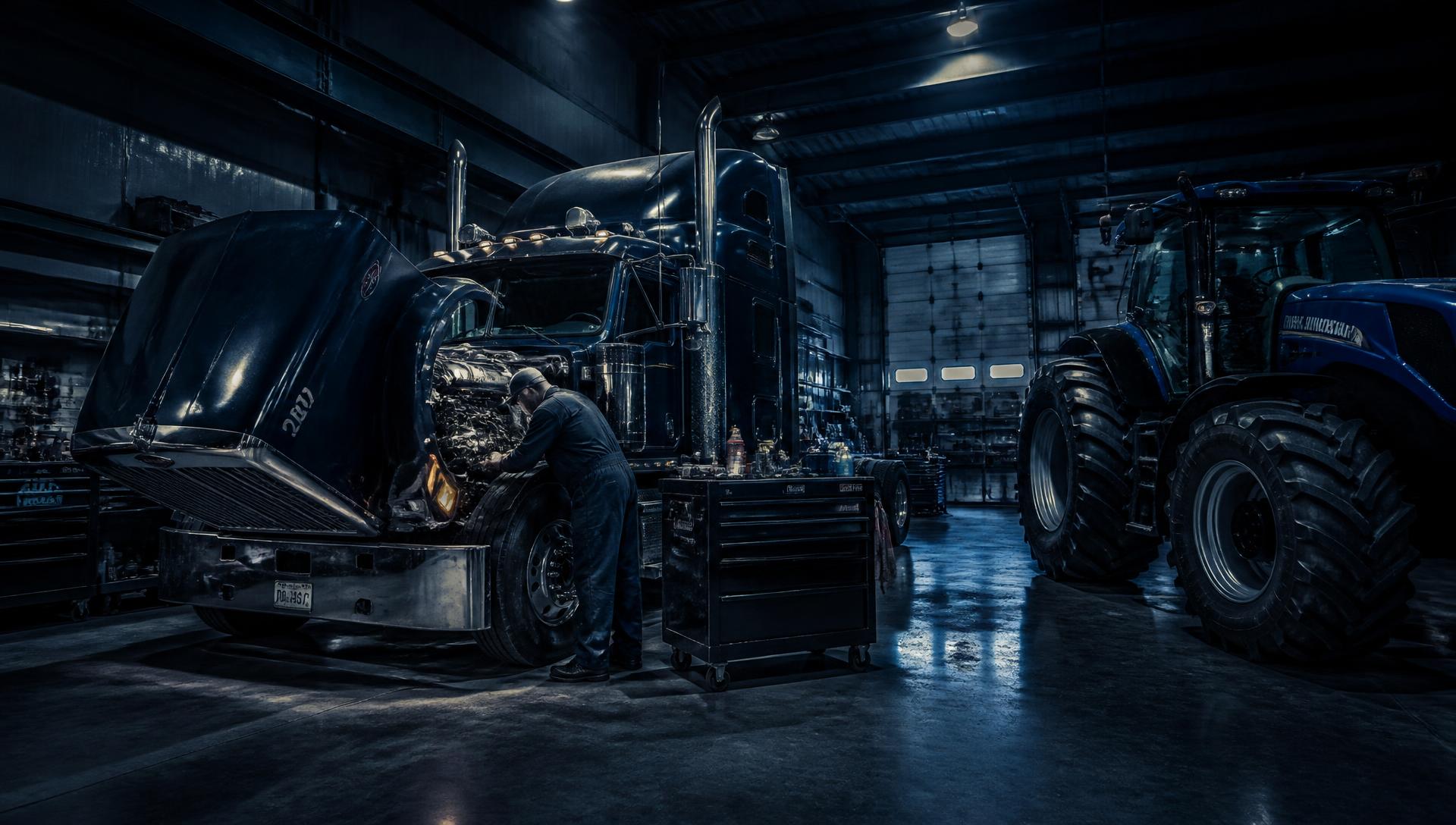 Mechanic servicing a semi truck engine inside the Staropoli Brothers repair bay